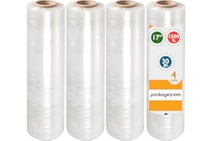 PackageZoom Pre Stretched 17” x 1500 ft 4 Rolls Stretch Wrap Film Clear Cling Plastic for Moving and Packaging Stretch Wrap