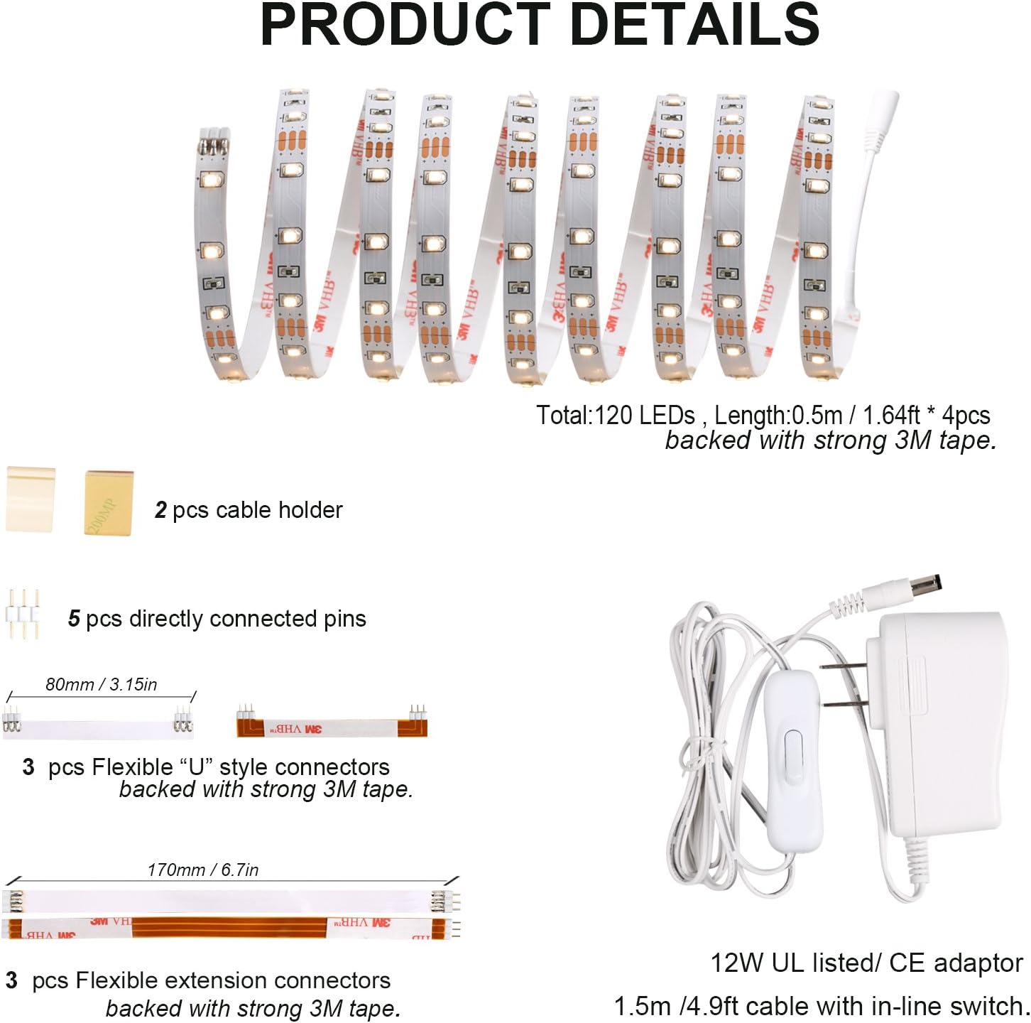 Wobane Under Cabinet Lighting Kit, Flexible LED Strip Lights Bar, Under Counter Lights for Kitchen, Cupboard, Desk, Monitor Back, Shelf, 6.6 Feet Tape Light Set, UL Listed, 120 LEDs, 1100lm, 2700K WarmWhite - - 