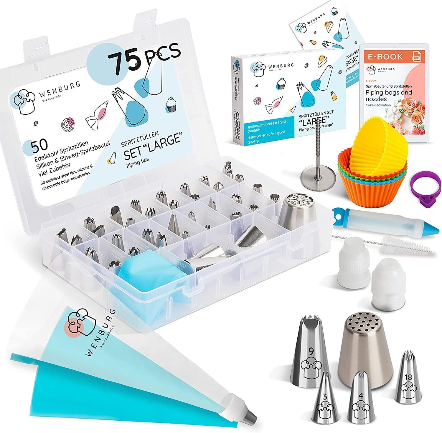 Wenburg Piping Bags and Nozzles Set - 75pcs, Cake Piping Nozzle Set with Numbered Cake Icing Nozzles. 42 Small, 8 Large Tips. Cake Decorating Piping Set for Pies, Cakes, Cupcakes (Large)