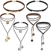 Ecally 6 Pcs Boho Choker Necklace Long Layered Western Cowgirl Necklace for Women Black Brown Suede Choker Jewelry with Tassels Birthday Gift