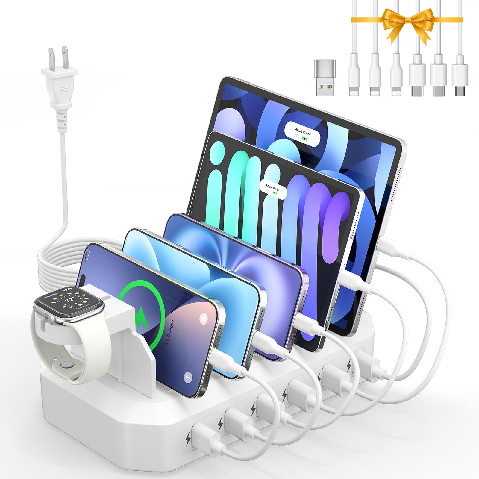𝟐𝟎𝟐𝟓 𝐔𝐩𝐠𝐫𝐚𝐝𝐞𝐝 Charging Station for Multiple Devices【Tested Safer & Efficient Charging】 6-Port USB Charging Dock Compatible with iPhone/Android/MacBook/Tablet/Kindle & Other Electronic Image