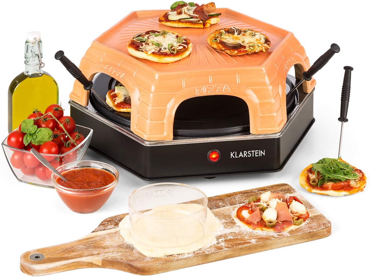 Klarstein Capricciosa - Pizzaofen für 6 Personen, Pizzadom, elektrisch, 1500 Watt, 5-7 Min. Backzeit, Terracotta-Abdeckung, Warmhaltefunktion, schwarz