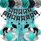 Teal Blue and Black Happy Birthday Decorations with Banner Turquoise Aqua Teal Foil Fringe Curtain Tissue Pom Poms Balloons Décor Supplies for Men Women Boys Girls Birthday Party