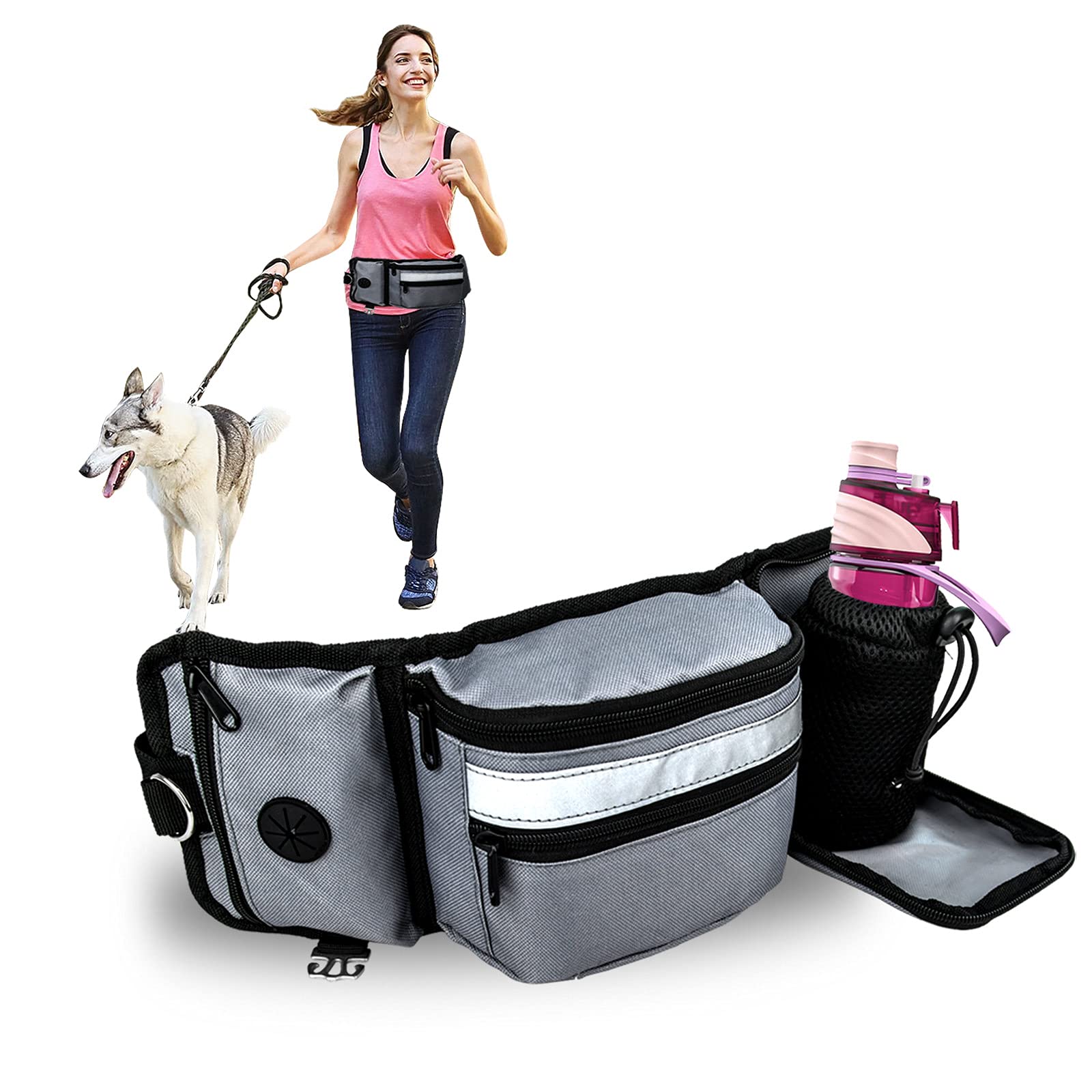 Dog Treat Pouch Bag, Dog Walking Bag With Poop Bag Dispenser & Upgrade Hidden Water Bottle Holder (Bottle not Included) Waterproof Hands Free Adjustable Belt for Hiking Running Cycling and Camping