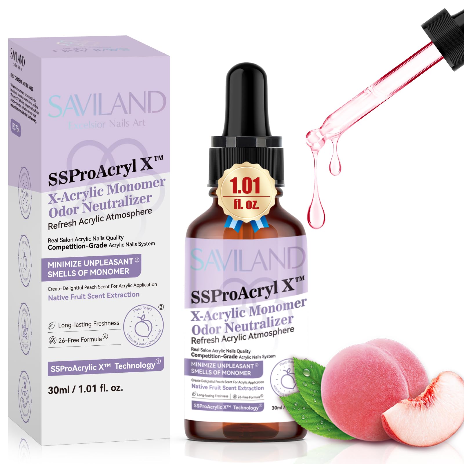 SAVILAND Acrylic Liquid Monomer Odor Neutralizer: 30 ml Peach Scent Monomer Drops Odor Out for Acrylic Monomer Liquid Drops Monomer Smell Eliminator with Dropper Nail Tech Acrylic Nails Salon Use
