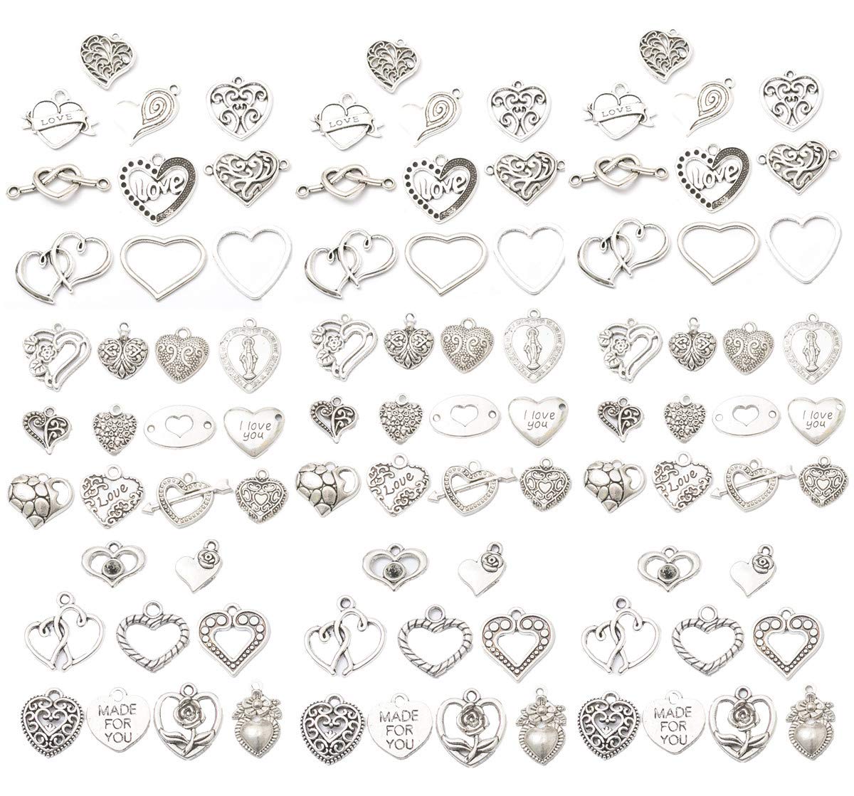 Zhiheng Assorted 93pcs Heart Shaped Alloy Pendants Love Charms Bracelet Necklace Beads Wine Glass Charms for Jewellery Making Birthday Christmas Valentine's Gift