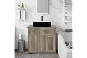 Puluomis 30 inches Bathroom Vanity, Modern Wood Fixture Stand Pedestal Bathroom Cabinet with Bathroom Black and White Ceramic Vessel Sink Top