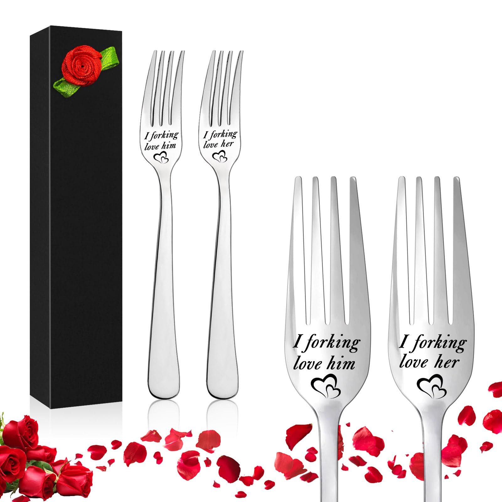 Yueshop 2PCS Stainless Steel Engraved Forks,Exquisite Letter Dinner Fork-I Forking Love Him, I Forking Love Her,Personalized Carving Fork with Luxury Box(Red Rose) Gifts for Valentine's Day Christmas