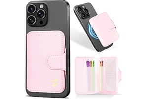 Samgg Magnetic Stick on Phone Wallet Card Holder for Magsafe Phones and Cases, 5 Slots Fit 7 Cards, ID Window, RFID Blocking, Luxury Slim Flip Leather Mag Safe Wallet for iPhone for Women, Pastel Pink