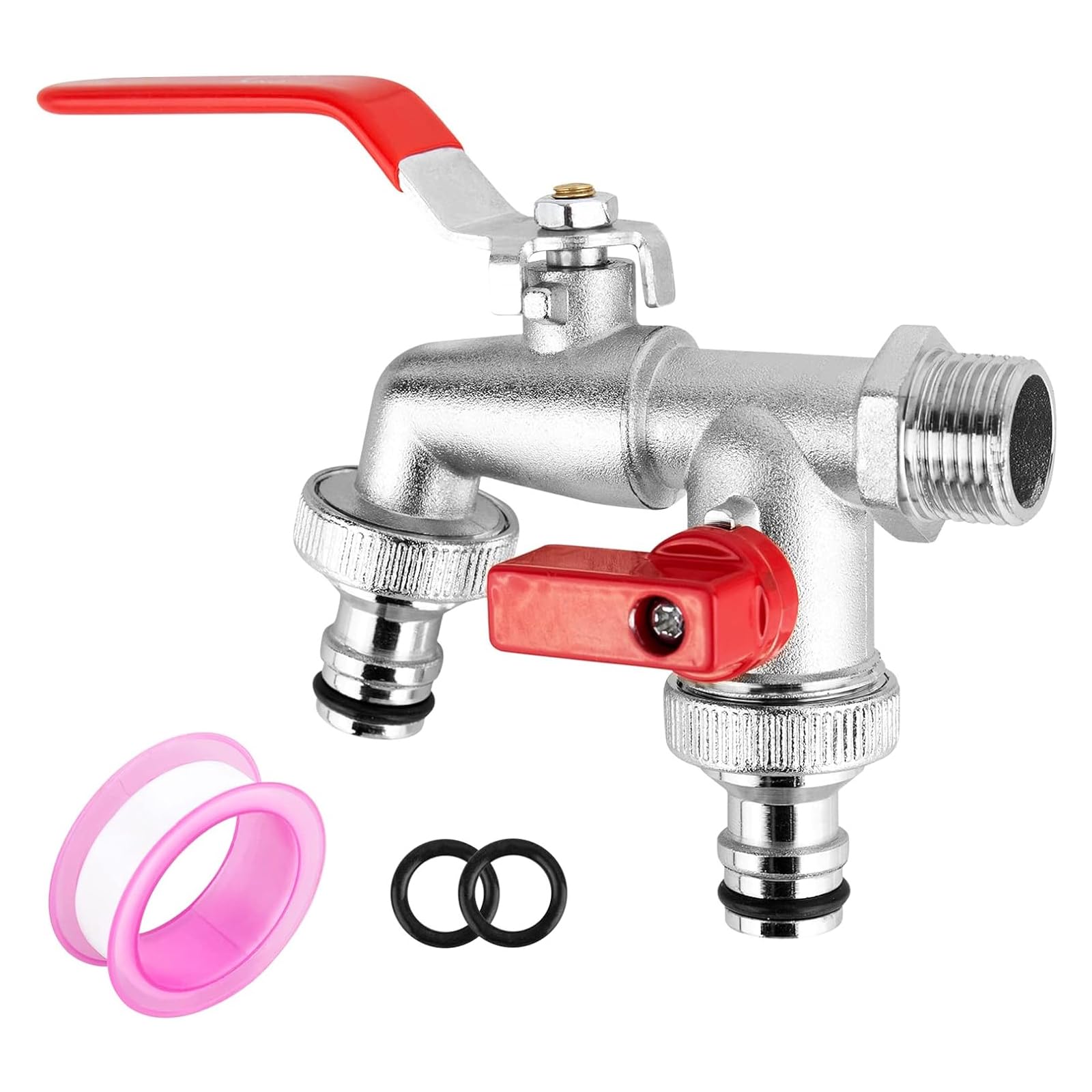 ‎DMJJSD Double Garden Tap, 1/2 Inch Outside Garden Tap with 2 Way 3/4 inch Splitter Gardens Faucet, Brass Water Faucet, Outside Double Outlet Faucets for Gardens, Household Industry