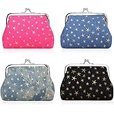 Oyachic 4 Pcs Small Coin Purse,Star Change Purse for Women,Denim Coin Pouch,Vintage Wallet with Kiss Lock Clasp