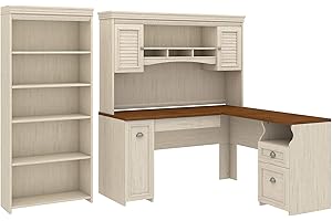 BUSH BUSINESS FURNITURE Bush Furniture Fairview L Shaped Desk with Hutch and 5 Shelf Bookcase in Antique White