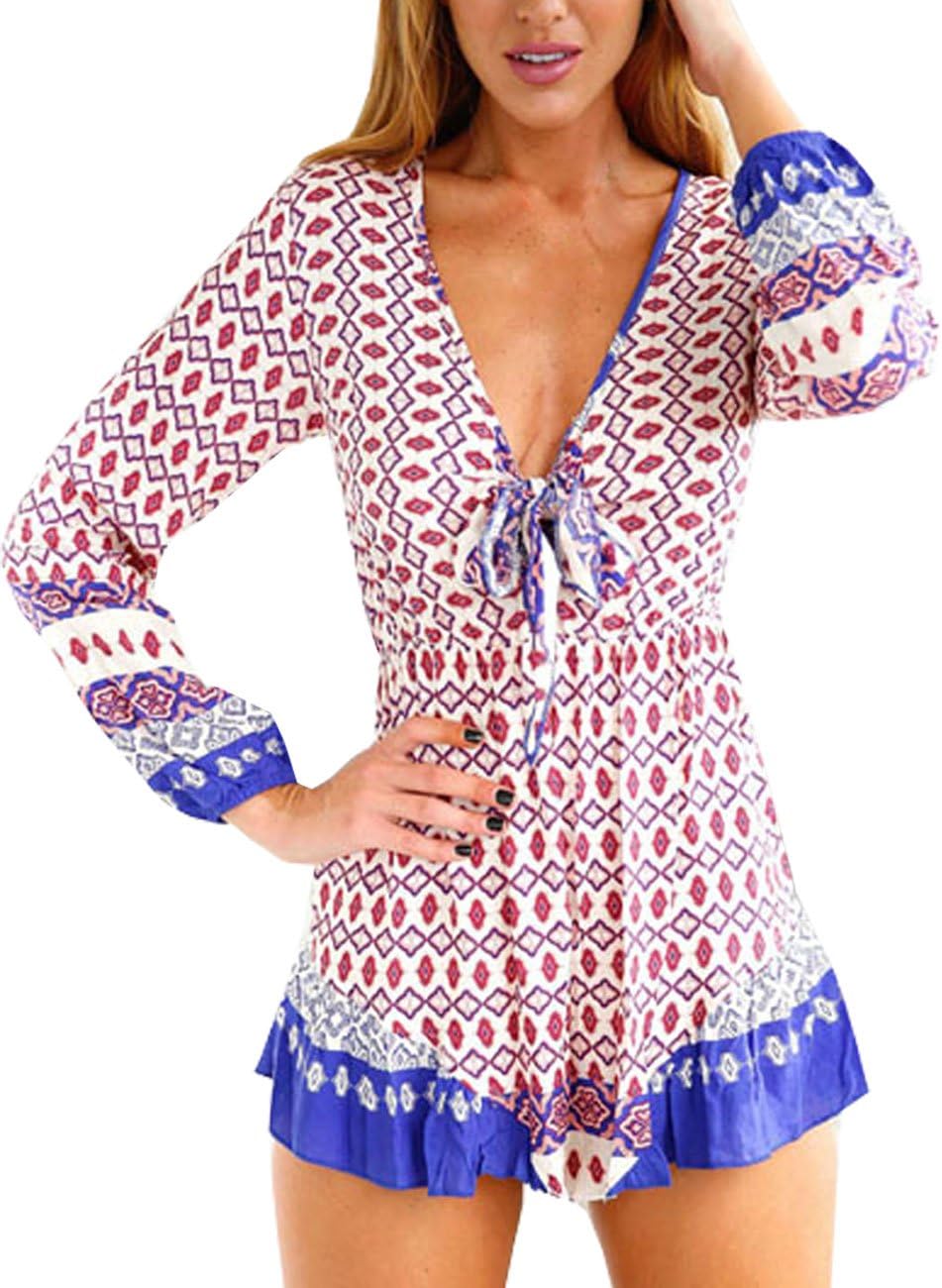 DDOL Women's Boho Gypsy Print V-Neck Long Sleeve Beach Romper Jumpsuit