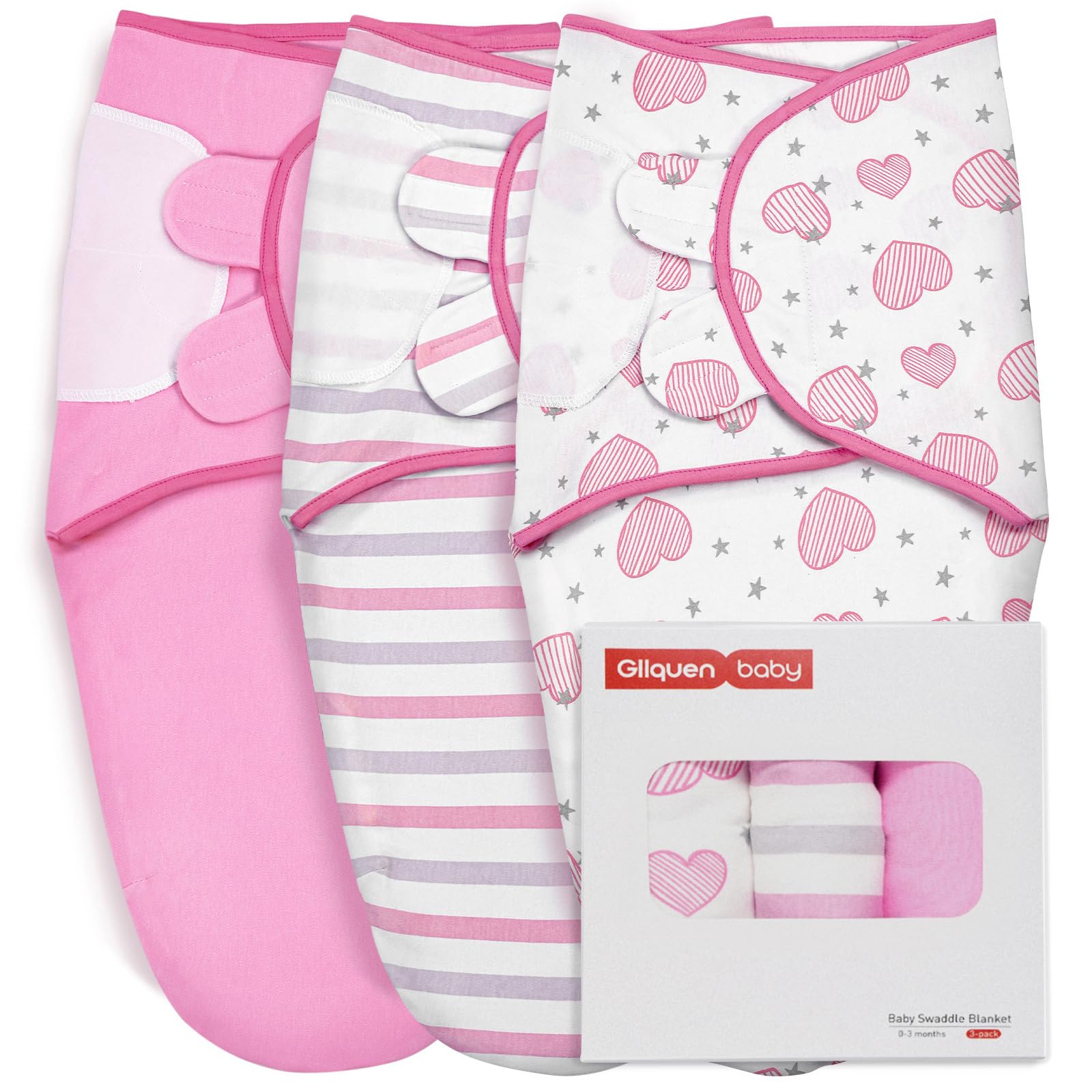 Photo 1 of GLLQUEN BABY Swaddles for Newborns - 3 Pack Baby Adjustable Swaddle Sleep Sack for Boys and Girls 0-3 Months,Baby Wrap Swaddle Sack, Stripe & Heart, Nursery Essentials