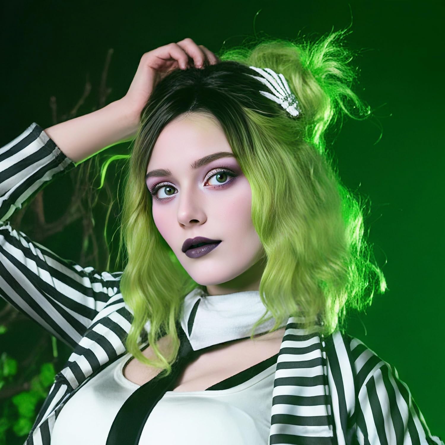 Yamel Wavy Bob Beetlejuice Wig Natural Wig Ombre Light Green Synthetic Hair Shoulder Length Short 14 Inch Curly Middle Part Lace Front Wigs for Women