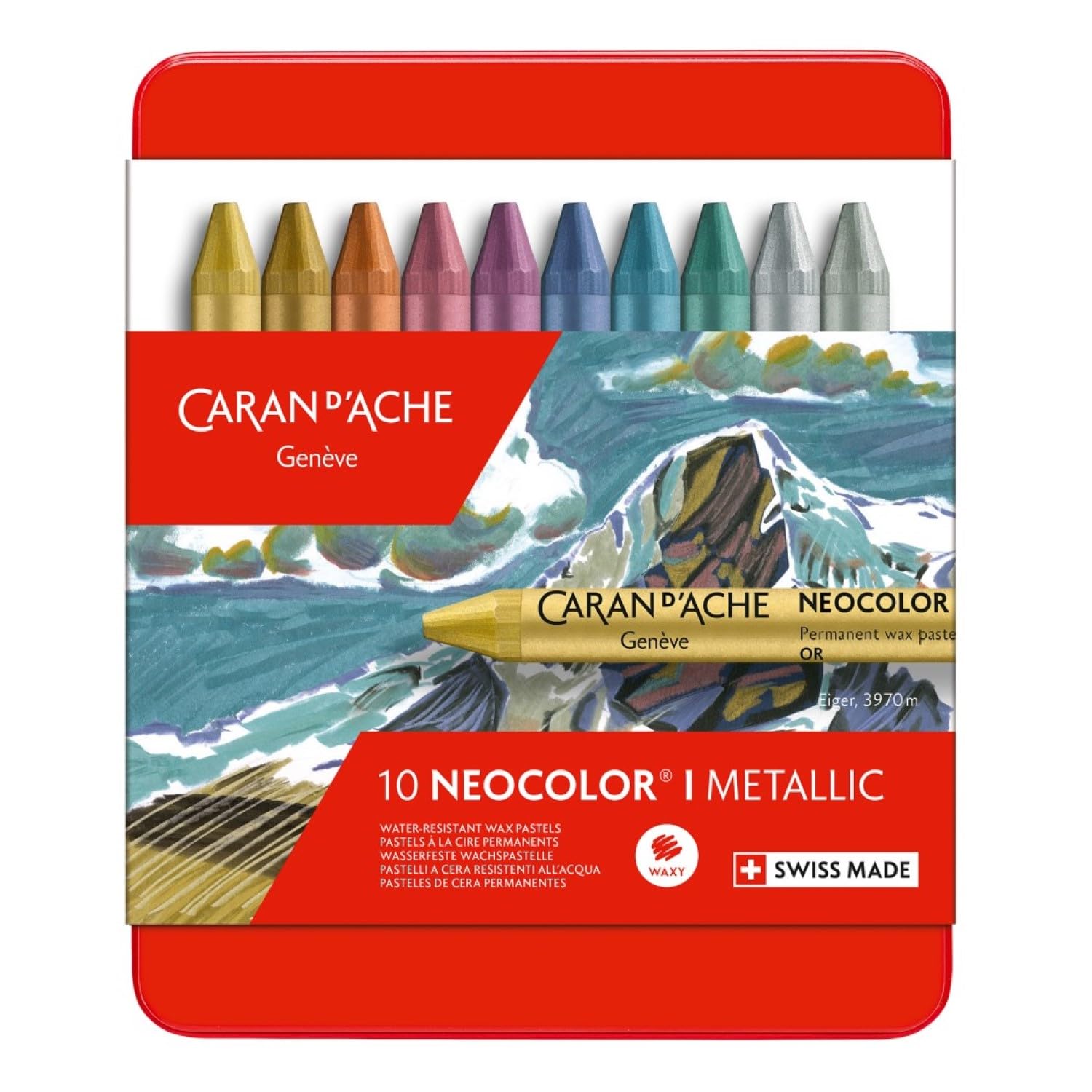 Caran Dache Metal tin with 10 wax pastels assorted metallic colours