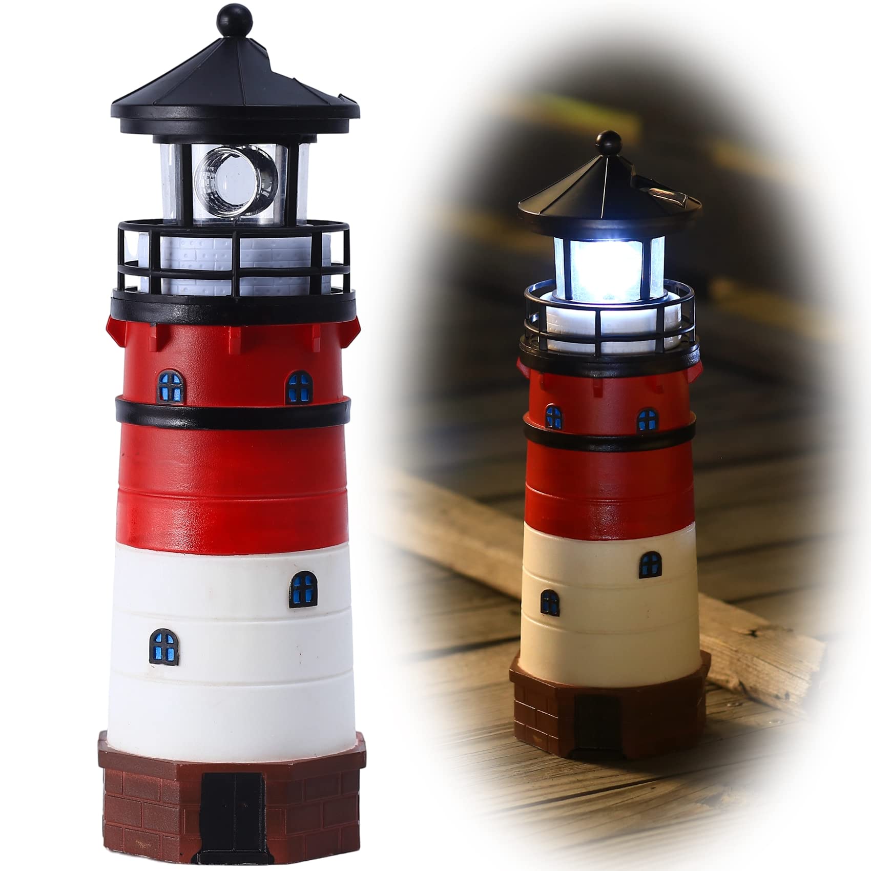 HSHD Solar Lighthouse Ornament - 30cm Tall Solar Lighthouse with Rotating Beacon,360 Degree Rotating Lighthouse Decoration,Best Lighthouse Gifts for Children(Classic Red)