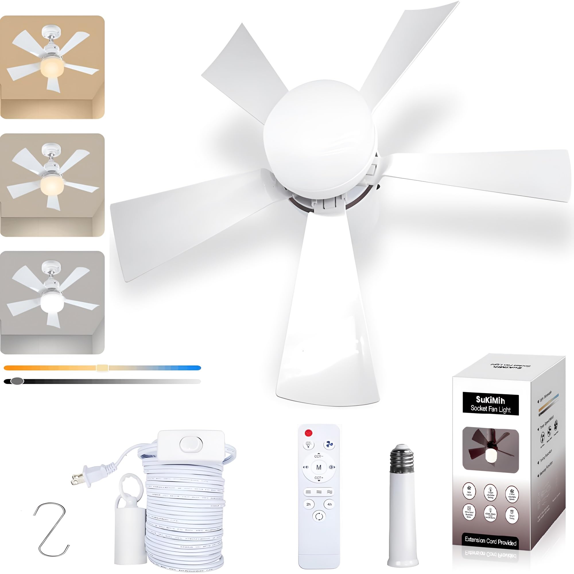 Photo 1 of SUKIMIH Socket Fan Light, Plug in Ceiling Fan, Gazebo Fan, Outdoor/Indoor, 16.4 Ft Cord with Hook UL Listed, Ceiling Light with Remote (White, 16.5")