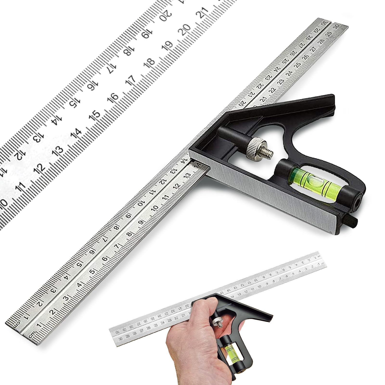 Square Ruler Tool Set, Combination Square Carpentry Tools with 12Inches/300mm Scale, 45/90 Degree Ruler with Bubble Level, Measuring Tool for Woodworking Engineer Carpenter