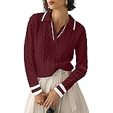 Micoson Womens Fall Long Sleeve Sweaters Lapel V Neck Cable Knitted Pullover Casual Soft Jumper Top