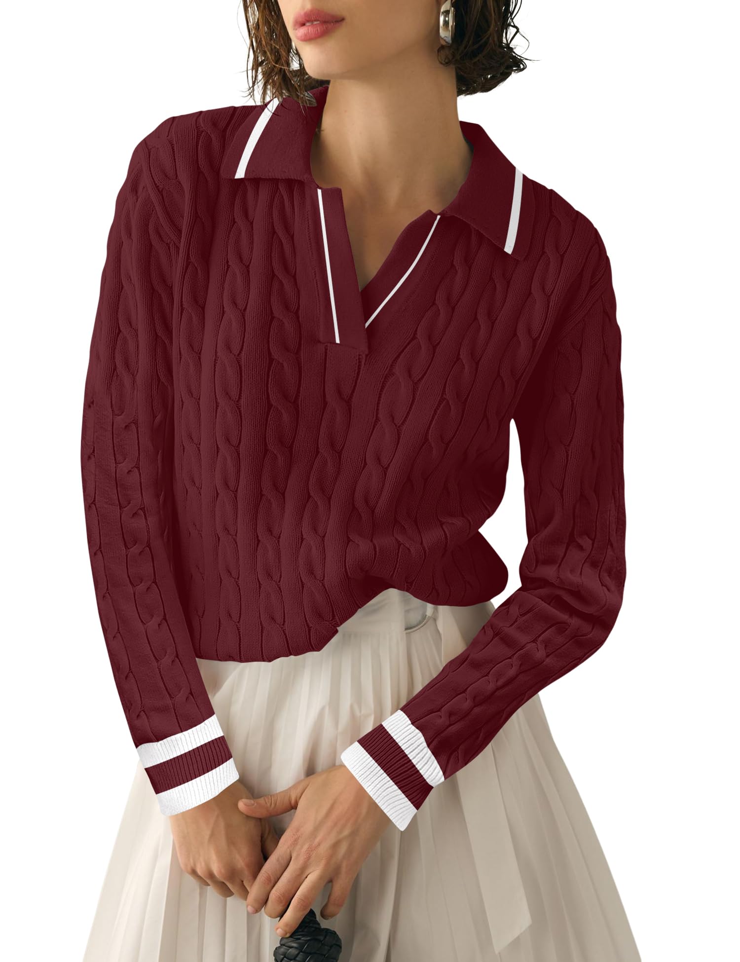 Photo 1 of Micoson Womens Cable Knit Sweaters Collar V Neck Long Sleeve Warm Casual Jumper Color Block Sweaters(Red and White Stripe,M)
