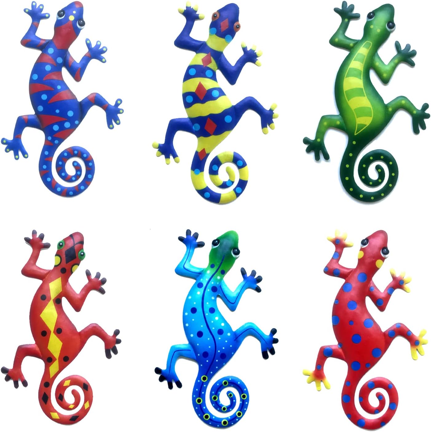 Plaques & Wall Art - Wetufin - 6pcs Garden Wall Art Decor Set - 6 Metal Gecko Wall Decor Outdoor Hanging Multicolored Handmade Outdoor Decor, Exquisite Craftsmanship, Weather-Resistant