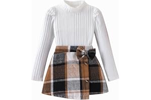 Axumity Toddler Kid Girls Plaid Outfits Girls Long Sleeve Knit Ribbed Shirt Tops Plaid Skirt Set Fall Winter Clothes