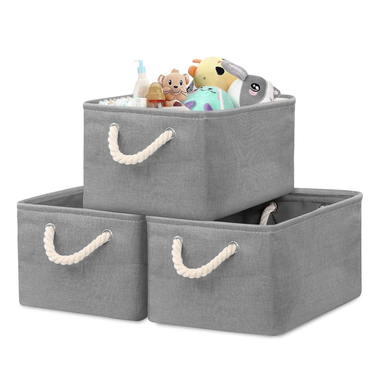 Newthinking 3 Pcs Large Storage Boxes, Fabric Storage Baskets with Handles, Foldable Home Organizer for Living Room, Laundry Room, Kids Room and Bedroom (Gray)