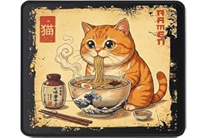 Pawpy Mate Japanese Ramen Cat Mouse Pad, Vintage Ukiyo-e Art, Cute Orange Tabby Eating Noodles, Kawaii Anime Office Desk Deco