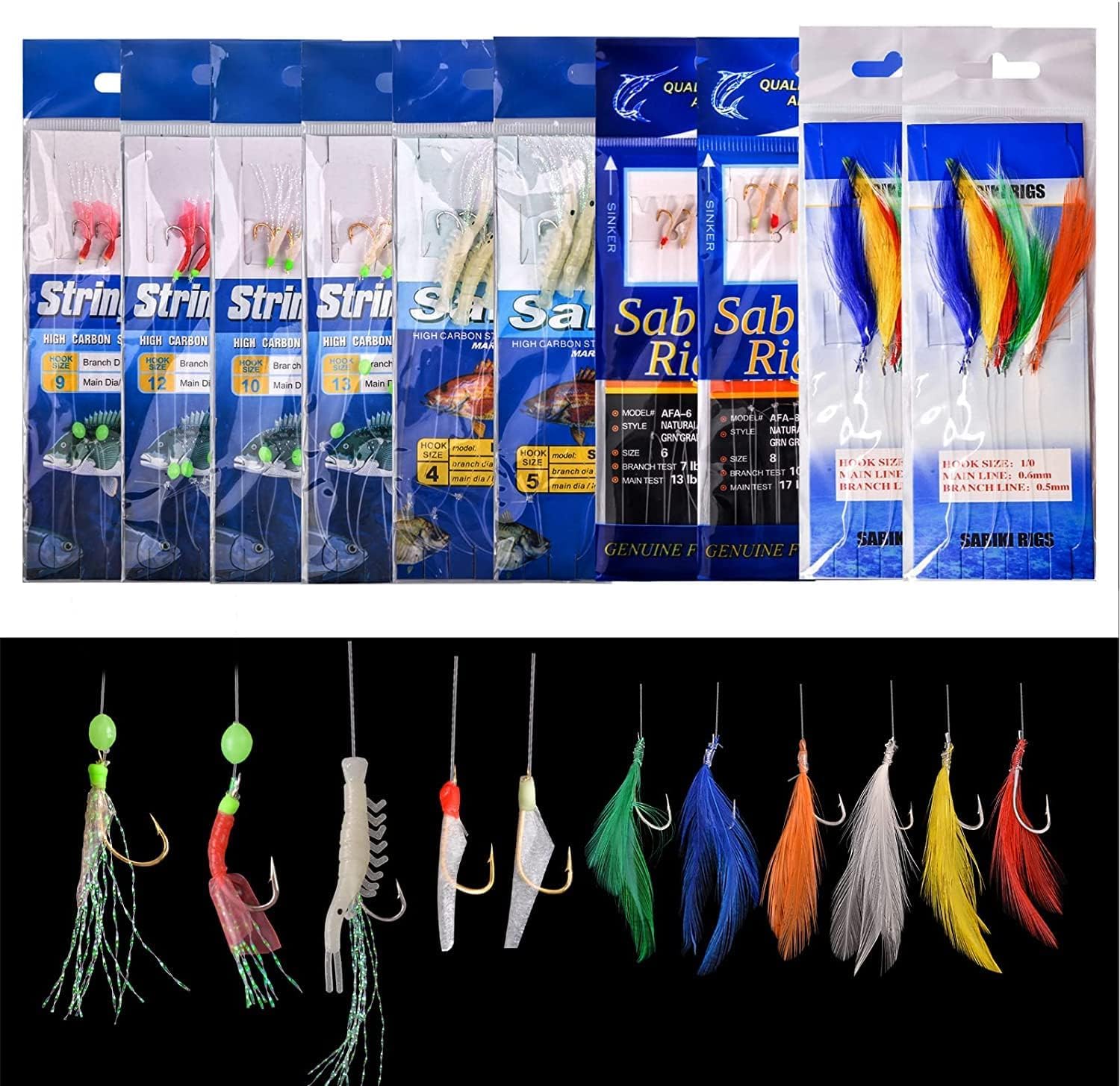 Fishing Feather Lures Bait Rigs Kit,10packs Mixed Fishing Feather Rigs Luminous Shrimps Flasher Glow Fishing Beads High Carbon Steel Fishing Hooks Rig For Saltwater Freshwater