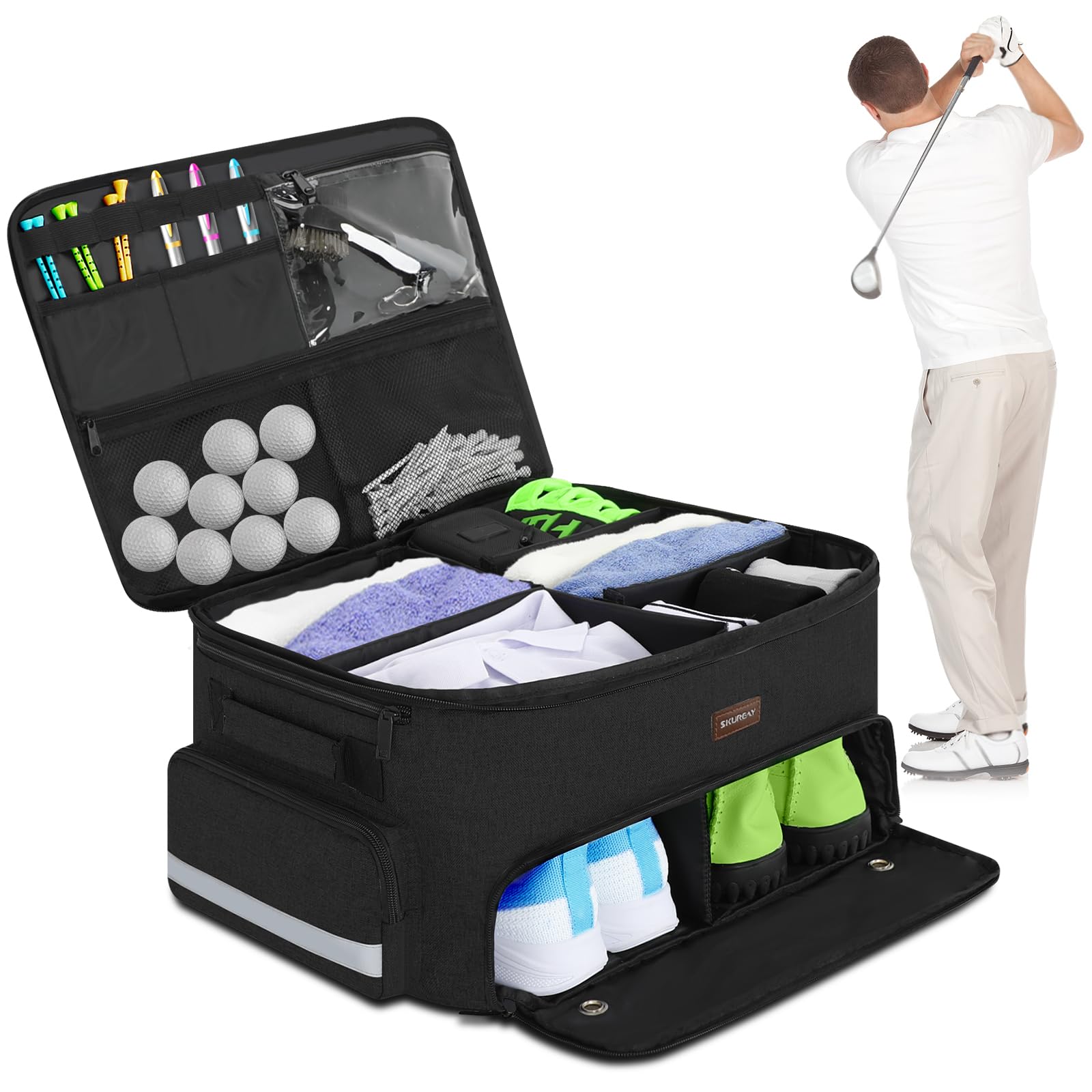 CYUREAY Golf Trunk Organizer for Car, 2 Layer Golf Trunk Organizer with Separate Ventilated Shoe Compartment, Black Golf Car Organizer for Golf Accessories, Golf Gifts for Men Women (Black)
