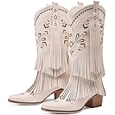 Uootopo Cowboy Boots for Women Fringe Embroidered Knee High Western Cowgirl Boots Pointed Toe Chunky Heels