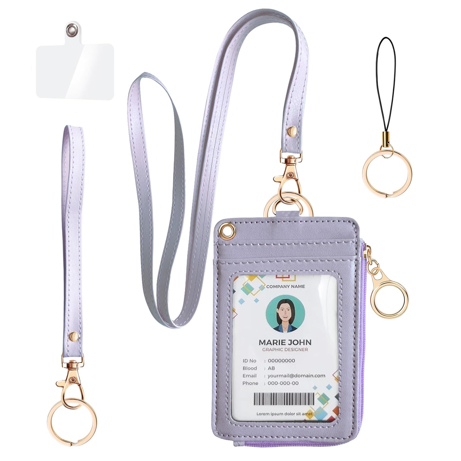 bolimoss 2-in-1 ID Badge Holder & Lanyard Wallet, Leather ID Name Badge with Side Zip Pocket for Teacher, Women Small Wallet with Removable Wristlet & Neck Lanyard, Clear Window, 5 Card Slots,Purple