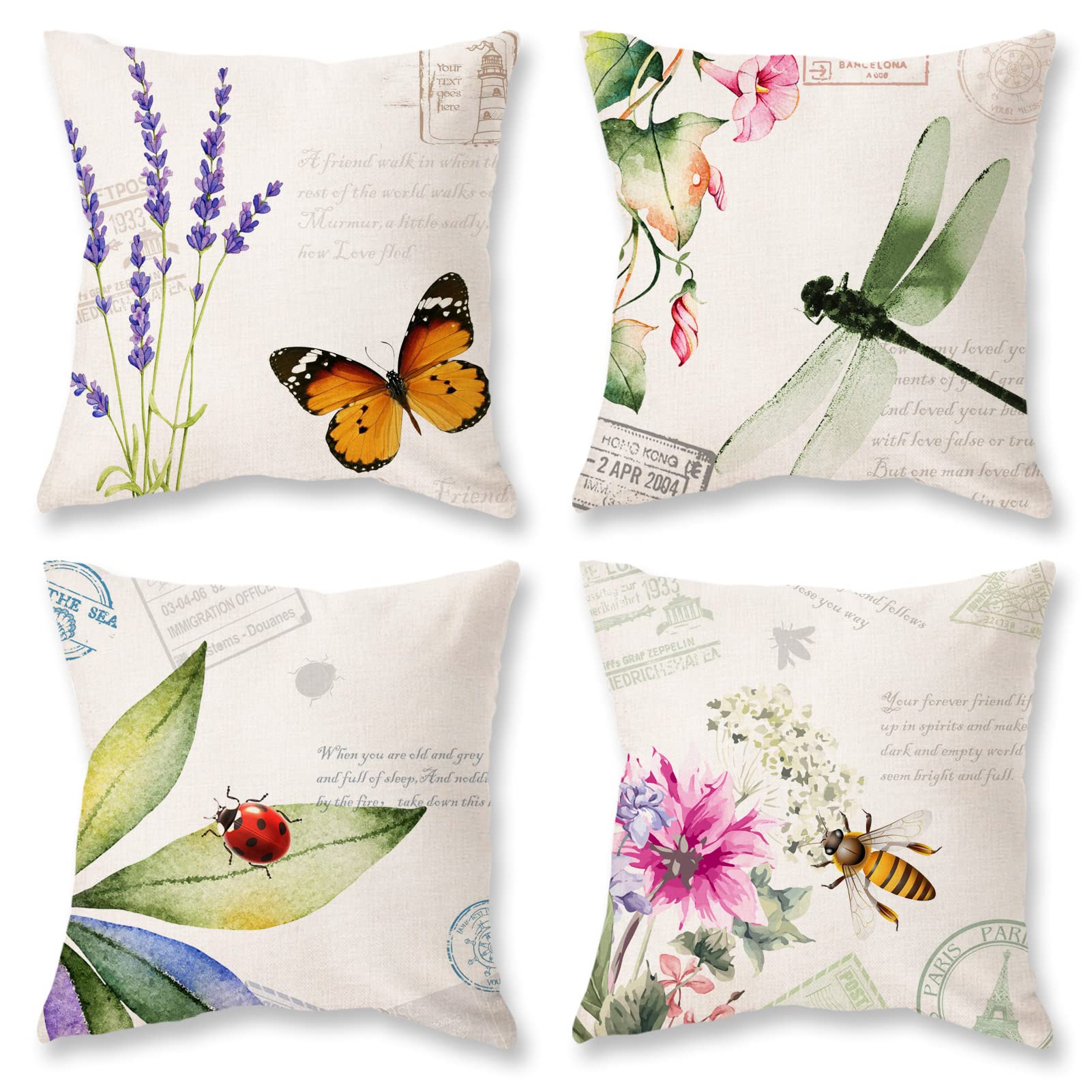 Photo 1 of ONWAY Outdoor Garden Decoration Bee/Butterfly/Dragonfly/Ladybug Pillow Case Leaf/Lavender/Flower Decorative Throw Pillow Covers 18 x 18 Inches, Set of 4