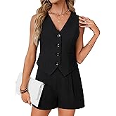 LYANER Women's Summer 2 Piece Outfits V Neck Sleeveless Blazer Button Down Vest with Shorts Sets