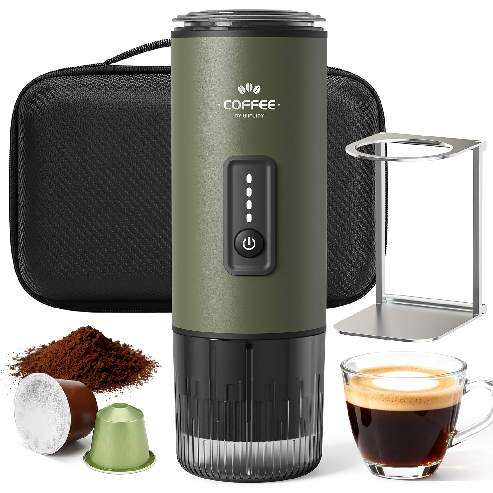 Photo 1 of Portable Espresso Maker, 3 in 1 Coffee Maker Set with Carrying Bag and Coffee Stand, Coffee Machine Works with Ground Coffee & Capsule Pod, Self-Heating Brewer with USB-C for Travel, Hiking, Office