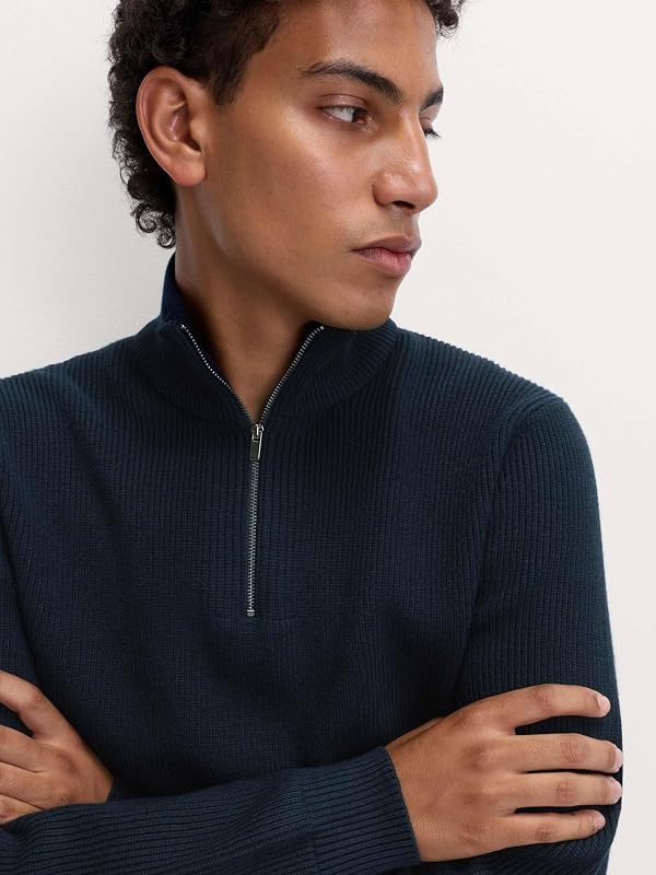 Camisola de meio fecho com canelas e algodão azul-marinho escuro M