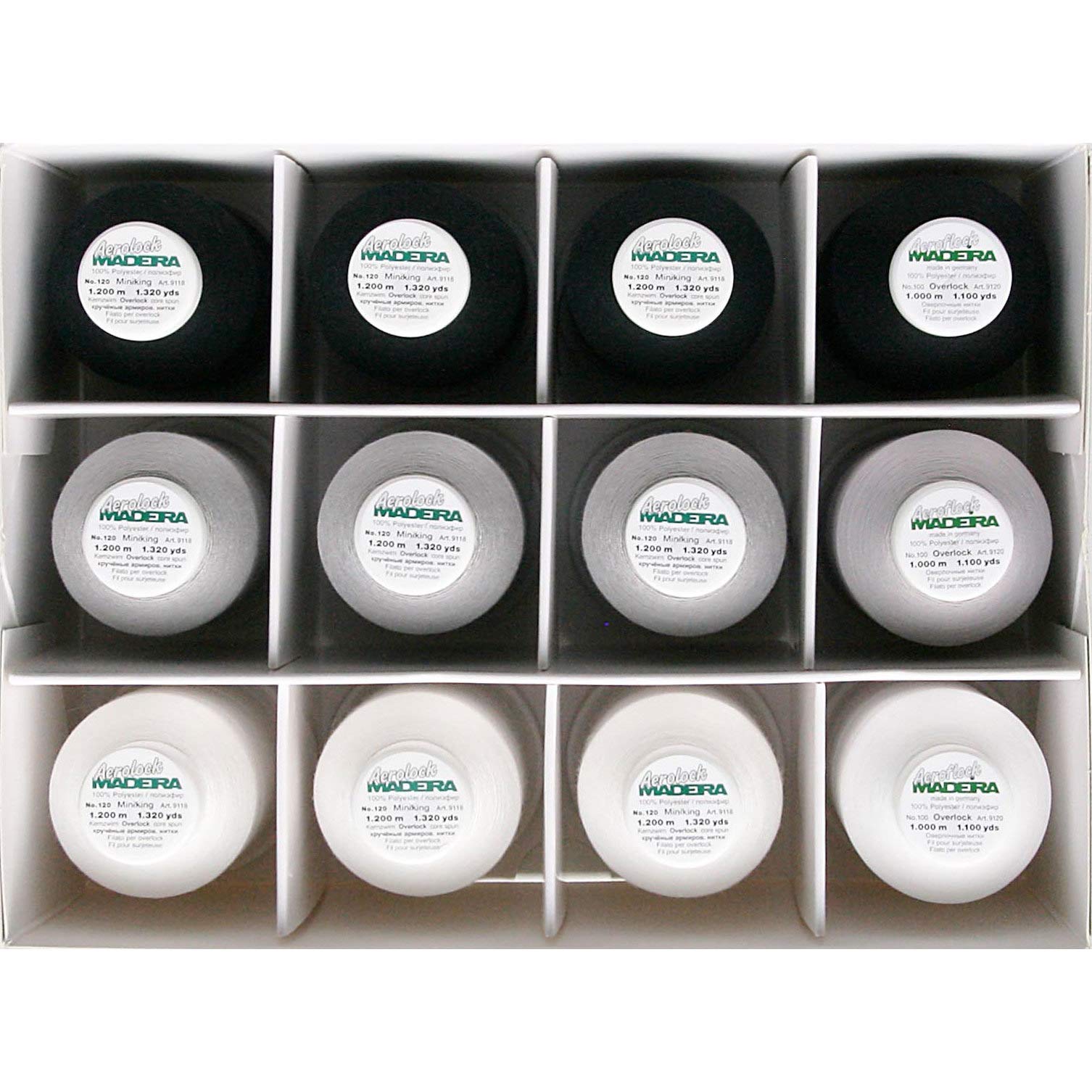 MADEIRA Overlock Yarn Box Assorted White/Light Grey/Black/3 x 1000 m/9 x 1200 m, 9200