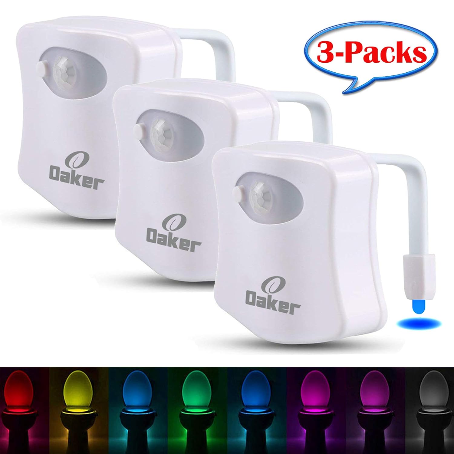 Oaker Toilet Light 3 Packs, 8 Colors Motion Activated and Light Sensitive Toilet Bowl Night Light, Glow Inside Bowl, Fun Gadget for Kids Potty Training, Convenience to Use Toilet in Midnight.