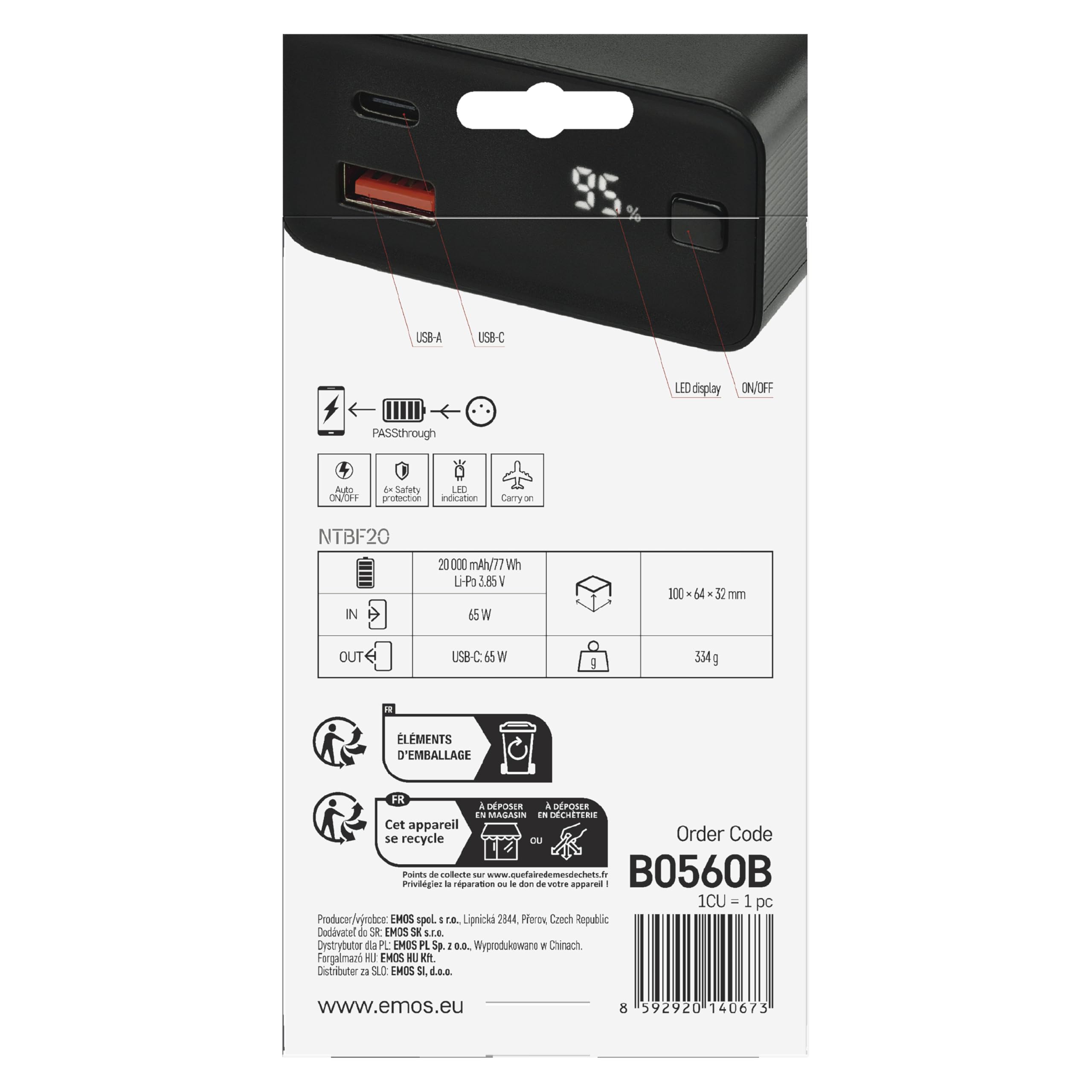 EMOS - Powerbank 20 000 mAh NTBF20 - externer Akku mit Passthrough und Fast-Charging 65W PD - USB-C/USB-A-Port inkl. Ladekabel - für Tablet, Laptop, iPad, Handy, Kamera, Soundbox - schwarz 3