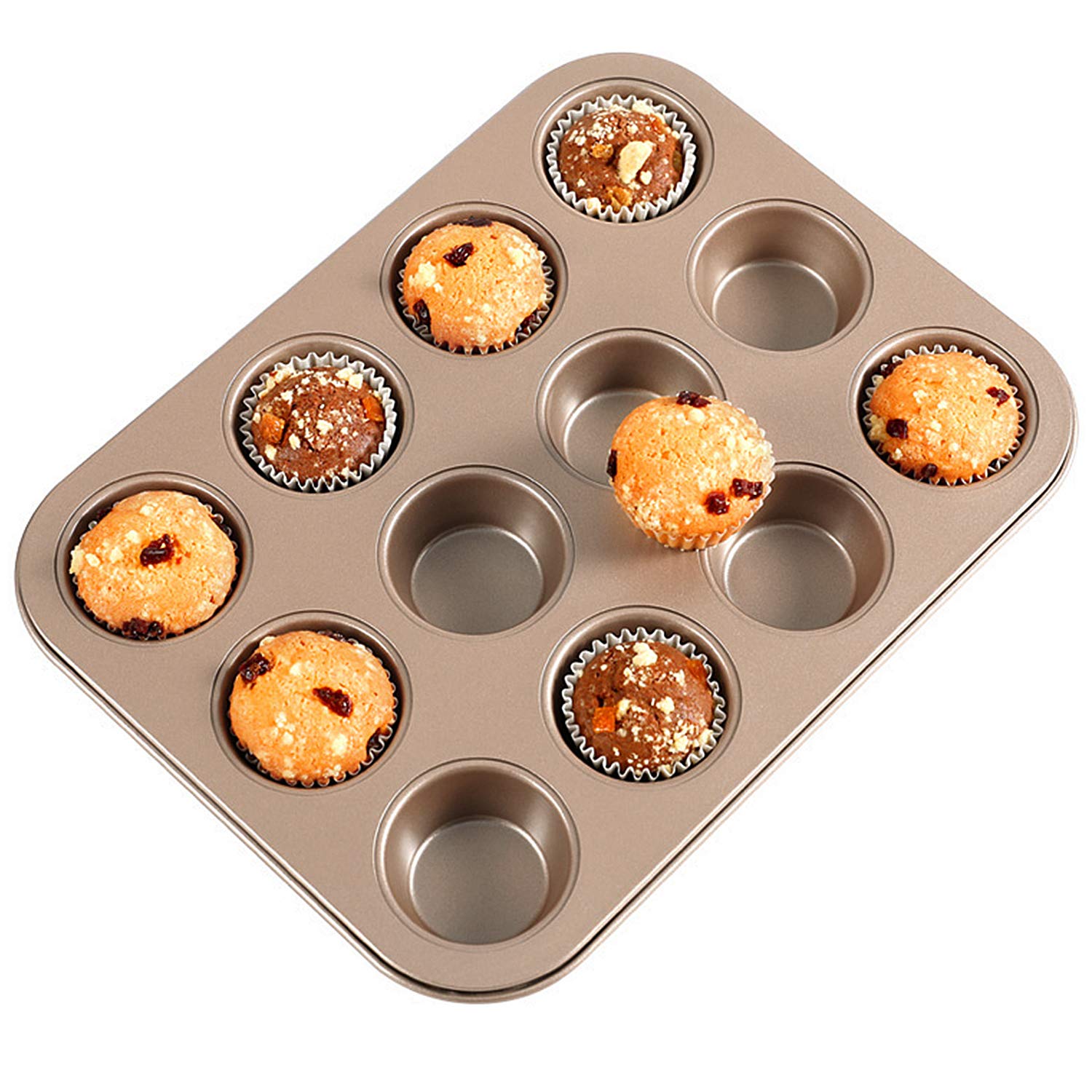 1.6 Pounds Heavy Duty 12 Deep Cup Muffin Mould Cupcake Pan Non-Stick Brownie Cake Tray Thick Golden Carbon Steel Bakeware for Oven Baking