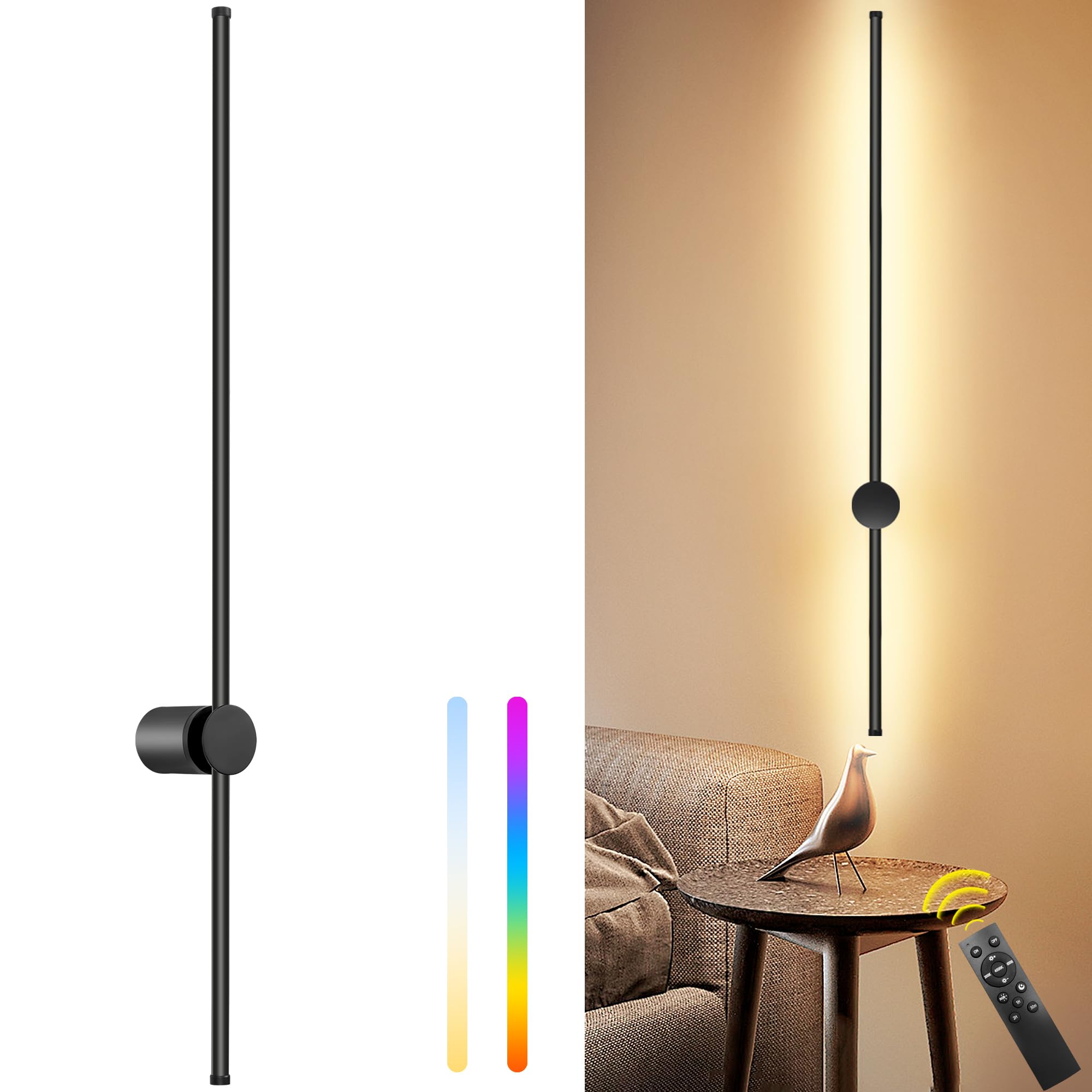 Photo 1 of -39.4 Inch Battery Operated Wall Sconce, 12000mAh Rechargeable Wall Sconce with Remote Control, Dimmable LED Wireless Wall Light for Bedroom, Living Room, 15 Colors, 180° Rotate, Black, 1 Pack*-/