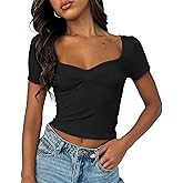 ForeFair Women's Sexy Short Sleeve Going Out Tops Pleated Bustier Shirt Cute Sweetheart Neck Y2K Crop Tee