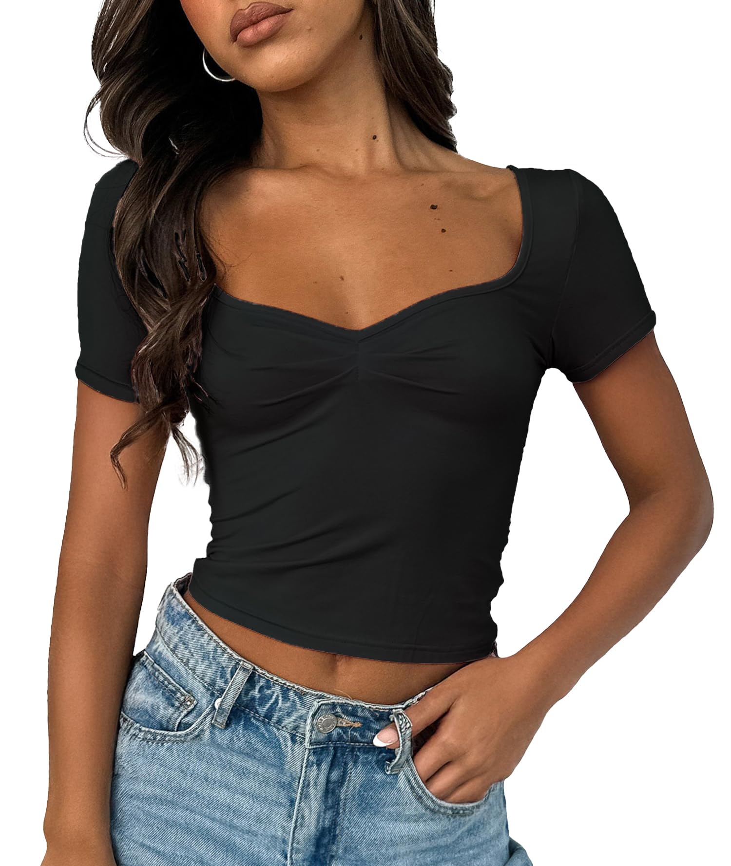 Photo 1 of ForeFair Women's Sexy Short Sleeve Going Out Tops Pleated Bustier Shirt Cute Sweetheart Neck Y2K Crop Tee?Black,S?