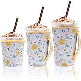 3 Piece Reusable Iced Coffee Sleeves Insulated Coffee Sleeves for 16-32 ounces of hot or cold coffee or iced beverages Compatible with Starbucks Dunkin Coffee cup and More (Bright yellow flowers)