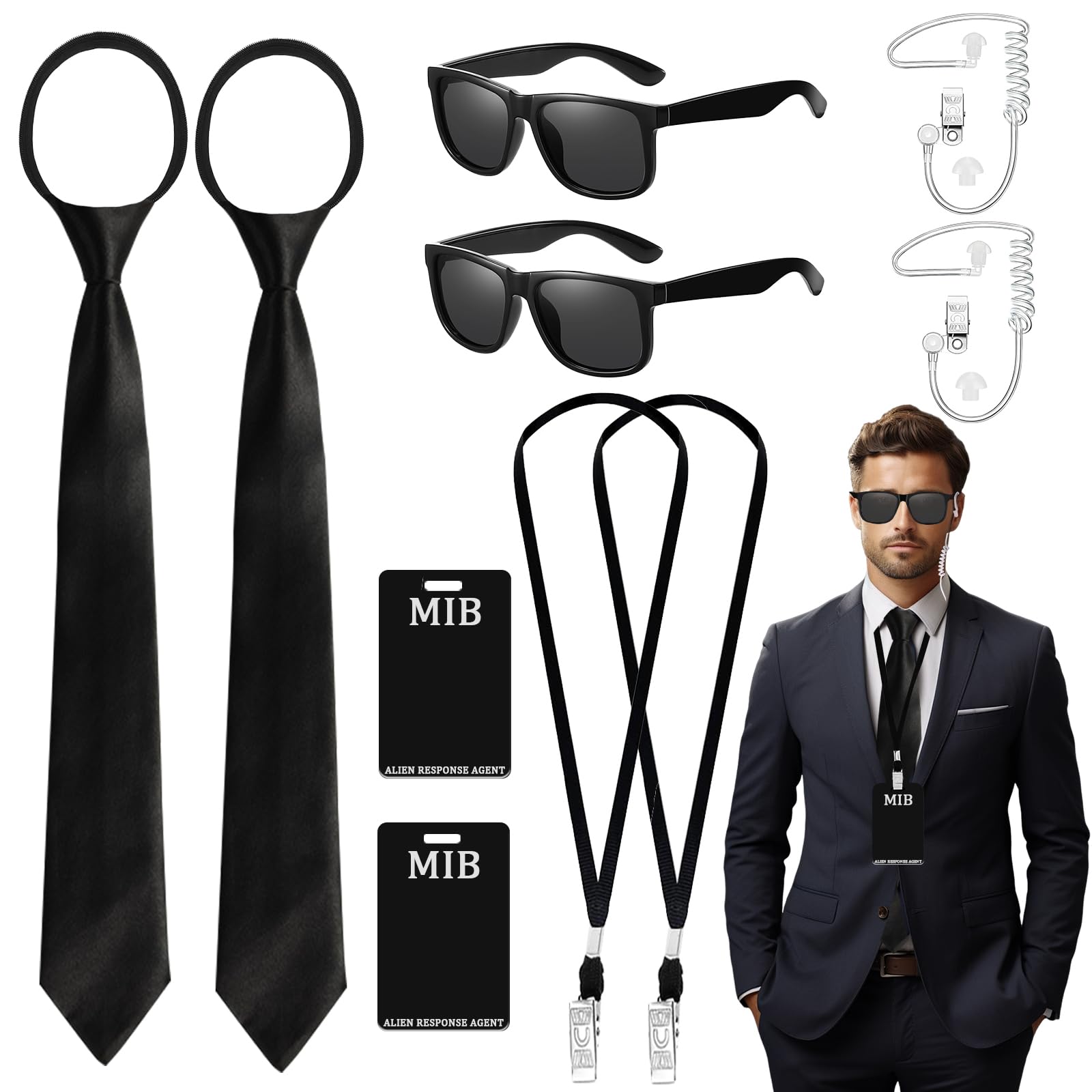 Glirop Agent Costume Accessories Set, Secret Agent Dress Up Kit with ID Holders Black Ties Sunglasses Earpieces Inflatable Green Aliens for Women Men Halloween Cosplay Carnival Fancy Dress (Style 3)