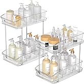 Incostar 2 Tier Pull-Out Organizer for Bathroom Kitchen, Under Sink Storage with Dividers, Ideal for Cabinet, Cupboard Organization, Slide-Out Clear Storage, 2 Pack