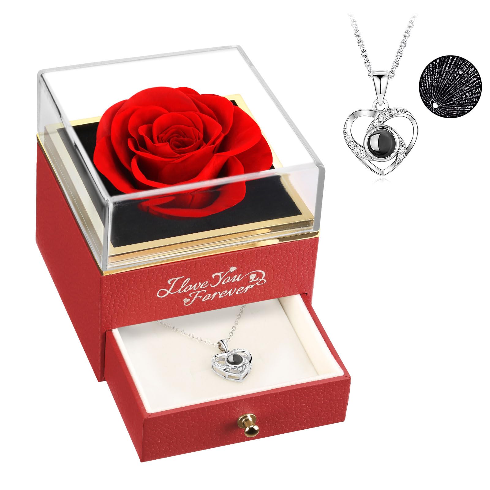 Photo 1 of ASELFAD Preserved Flowers Forever Real Rose with I Love You Necklace, Eternal Rose Gifts for Mom Grandma Wife Girlfriend on Christmas, Valentines, Mothers Day, Anniversary, Birthday Gifts for Women