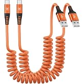 Coiled USB A to USB C Cable for Car [6FT, 2Pack], USB to USB C Cable Fast | Charging 60W, USB Type C Cable iPhone Charger USBC Cord for iPhone 18/17/16/15/Pro Max/Samsung Galaxy S26/S25/Ultra-Orange