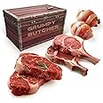 Grumpy Butcher Box Meat Food Gifts: 2 Top Sirloins Steaks (6 oz), 2 Duroc Bone in Pork Chops (14 oz) & 2 Cheese Stuffed Chicken Breasts Wrapped in Bacon (8 oz) - Gourmet Gift Basket for Men